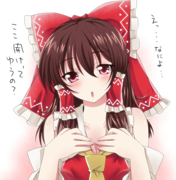 Anime picture 1013x1036 with touhou hakurei reimu haruki (colorful macaron) single long hair tall image looking at viewer open mouth black hair red eyes girl bow hair bow detached sleeves