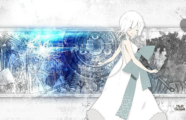 Anime picture 1229x793 with nier yonah single short hair bare shoulders white hair eyes closed back monochrome eyes logo dancing knight girl dress boy bow plant (plants) animal sword