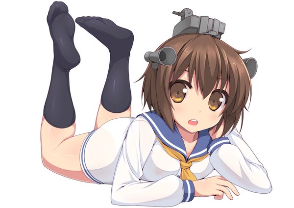 Anime picture 2046x1447 with kantai collection yukikaze destroyer naturalton single looking at viewer blush highres short hair simple background brown hair white background brown eyes lying on stomach girl socks black socks sailor suit