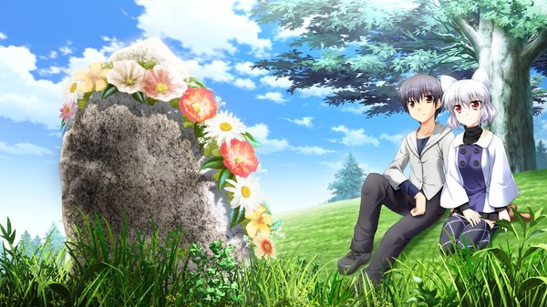 Anime picture 2560x1440 with yaneura no kanojo dp minase (artist) highres short hair black hair red eyes wide image brown eyes game cg white hair couple girl thighhighs boy flower (flowers) bow black thighhighs plant (plants) hair bow tree (trees)
