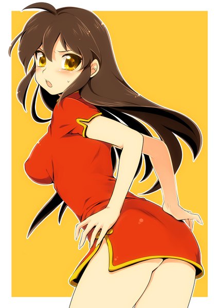 Anime picture 1136x1607 with original kayou (kayou-bi) single long hair tall image looking at viewer blush open mouth light erotic brown hair yellow eyes border chinese clothes outside border yellow background girl chinese dress