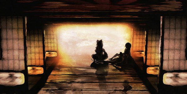 Anime picture 1295x652 with touhou fujiwara no mokou houraisan kaguya yoshioka yoshiko wide image multiple girls sunlight girl 2 girls sliding doors japanese house shouji