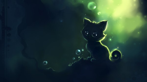 Anime picture 1920x1080 with original apofiss single highres wide image green eyes green background animal cat bubble (bubbles)