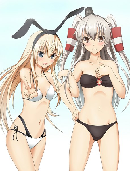 Anime picture 827x1084 with kantai collection shimakaze destroyer amatsukaze destroyer shiseki hirame long hair tall image looking at viewer blush breasts open mouth blue eyes light erotic blonde hair smile bare shoulders multiple girls brown eyes silver hair bare belly bare legs