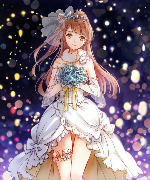 Anime picture 1000x1200 with love live! school idol project sunrise (studio) love live! minami kotori ametani single long hair tall image looking at viewer fringe smile brown hair standing holding yellow eyes one side up light girl dress gloves