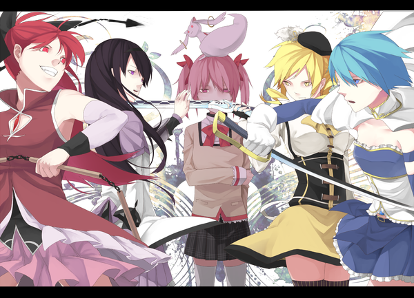 Anime picture 1800x1300 with mahou shoujo madoka magica shaft (studio) akemi homura kaname madoka sakura kyouko miki sayaka tomoe mami kyuubee haruba negi long hair highres short hair open mouth blue eyes blonde hair smile red eyes purple eyes twintails bare shoulders