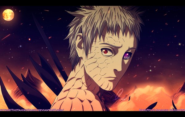 Anime picture 1600x1019 with naruto studio pierrot naruto (series) uchiha obito tobi iitheyahikodarkii single short hair red eyes purple eyes grey hair night sky heterochromia coloring portrait letterboxed smoke mountain akatsuki sharingan