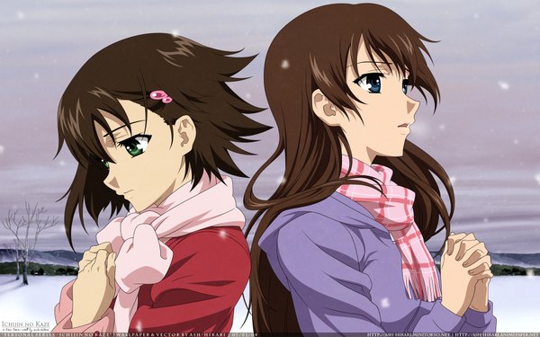 Anime picture 1920x1200 with true tears isurugi noe yuasa hiromi long hair fringe highres short hair open mouth blue eyes brown hair wide image multiple girls green eyes signed sky looking down snowing looking up winter snow