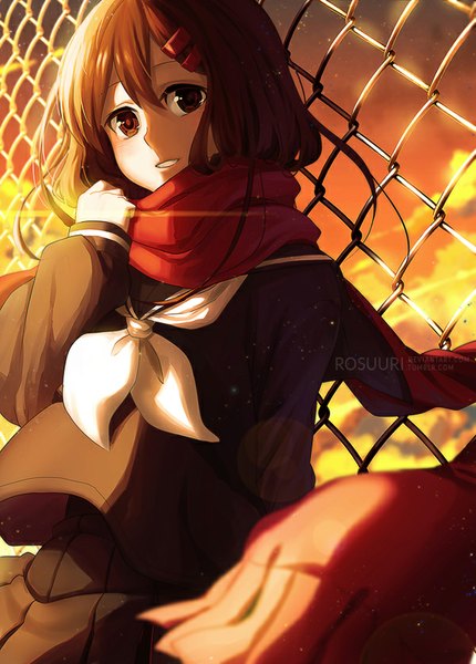 Anime picture 600x836 with kagerou project shaft (studio) tateyama ayano rosuuri single long hair tall image smile brown hair brown eyes sky cloud (clouds) pleated skirt evening sunset girl skirt hair ornament hairclip scarf
