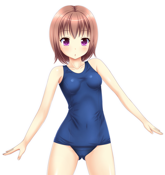 Anime picture 1095x1156 with original kk-sk-ray single tall image looking at viewer blush short hair light erotic simple background brown hair white background purple eyes girl swimsuit