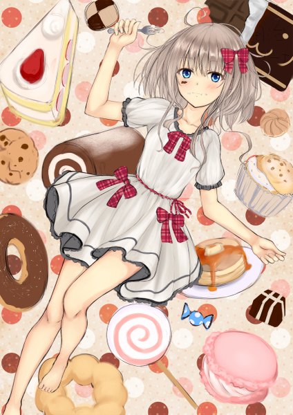Anime picture 849x1200 with original 96tuki single tall image looking at viewer blush short hair blue eyes holding lying barefoot light smile grey hair on back leg lift (legs lift) food on face girl dress bow ribbon (ribbons)