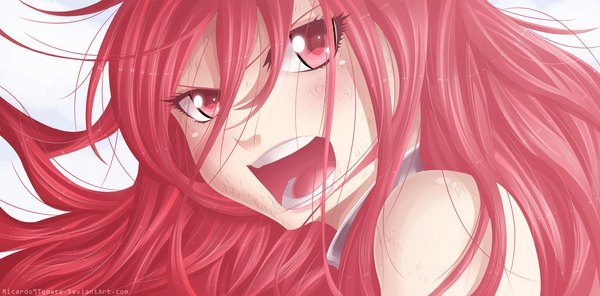 Anime picture 3000x1481 with fairy tail erza scarlet ric9duran single long hair blush highres open mouth wide image pink hair sky cloud (clouds) pink eyes coloring close-up screaming girl