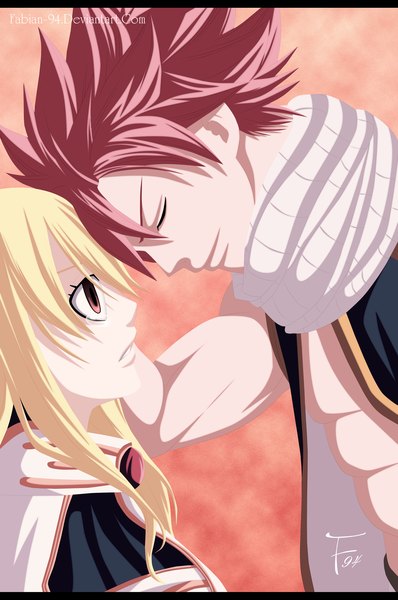 Anime picture 2000x3010 with fairy tail lucy heartfilia natsu dragneel fabiansm long hair tall image highres short hair blonde hair smile brown eyes pink hair eyes closed profile sleeveless tears coloring letterboxed muscle girl