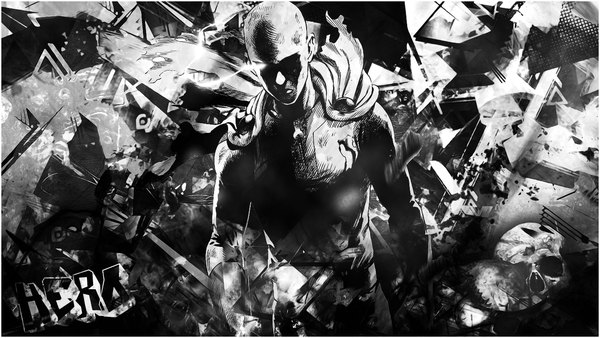 Anime picture 1360x768 with one-punch man madhouse saitama (one-punch man) redixx single wide image wind inscription monochrome framed walking serious angry abstract bald superhero boy cloak suit skull