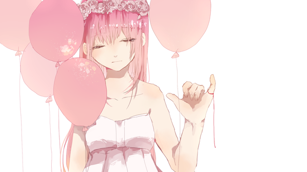 Anime picture 1300x731 with vocaloid just be friends (vocaloid) megurine luka danjou sora single long hair fringe simple background wide image white background bare shoulders eyes closed hair flower sad girl dress hair ornament flower (flowers) white dress sundress