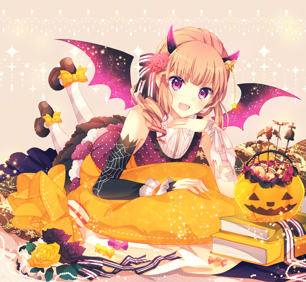 Anime picture 1116x1029 with original goma (11zihisin) single long hair looking at viewer blush open mouth brown hair purple eyes horn (horns) halloween otoko no ko dress boy flower (flowers) detached sleeves wings food sweets jack-o'-lantern