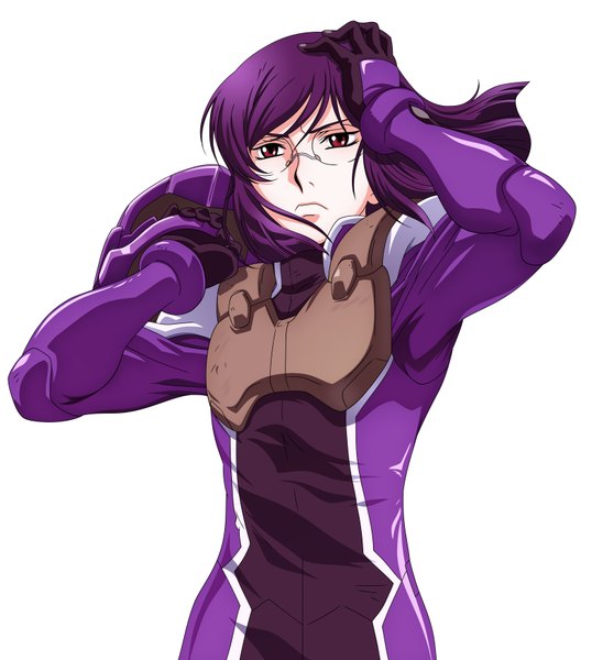 Anime picture 3200x3500 with mobile suit gundam mobile suit gundam 00 sunrise (studio) tieria erde akiranyo single long hair tall image highres simple background red eyes white background absurdres purple hair boy gloves glasses bodysuit helmet