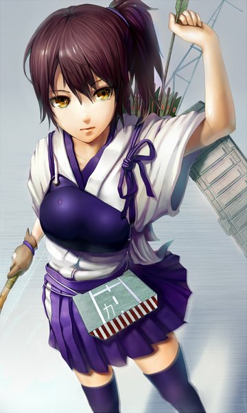 Anime picture 700x1166 with kantai collection kaga aircraft carrier hisahisahisahisa single tall image short hair simple background hair between eyes brown hair yellow eyes looking away traditional clothes from above grey background side ponytail girl thighhighs weapon armor bow (weapon)