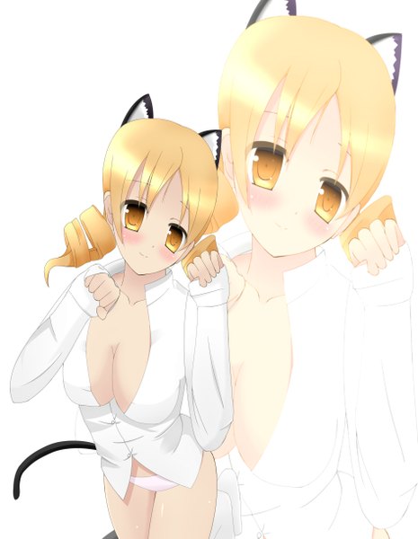 Anime picture 1891x2442 with mahou shoujo madoka magica shaft (studio) tomoe mami chimunge long hair tall image blush highres breasts light erotic blonde hair animal ears yellow eyes cat ears cat girl cat tail drill hair zoom layer girl underwear
