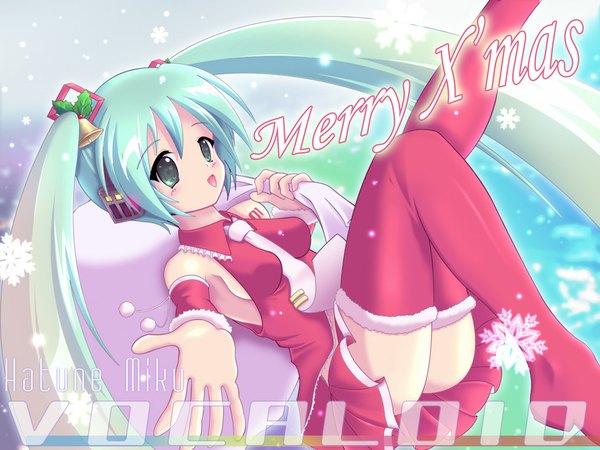 Anime picture 1024x768 with vocaloid hatsune miku long hair fringe breasts light erotic twintails green eyes very long hair aqua hair fur trim sideboob snowing christmas winter snow between breasts girl thighhighs skirt