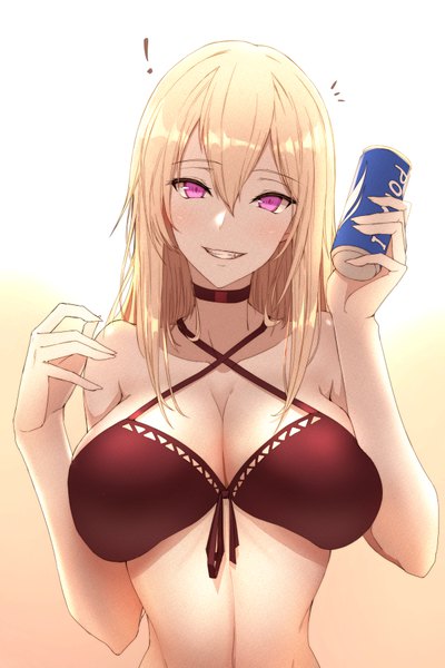Anime picture 600x900 with original pocari sweat limeblock single long hair tall image looking at viewer blush fringe breasts light erotic blonde hair smile hair between eyes large breasts holding upper body head tilt pink eyes arm up