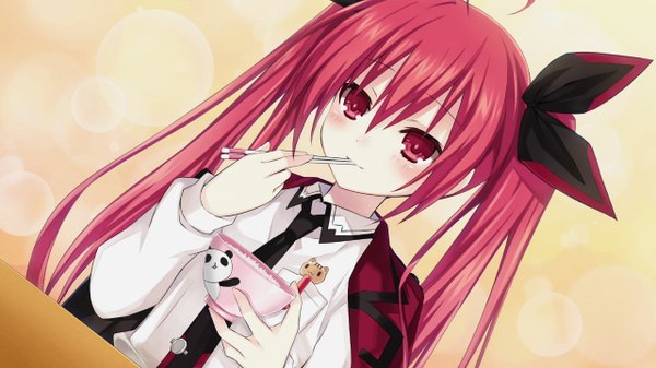 Anime picture 1280x720 with date a live itsuka kotori single long hair blush red eyes wide image twintails game cg red hair eating girl bow hair bow necktie food