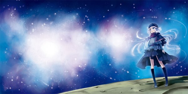 Anime picture 1600x800 with original miyabi akino single long hair blush open mouth blue eyes wide image sky purple hair wind lacing space girl scarf moon thigh boots cap