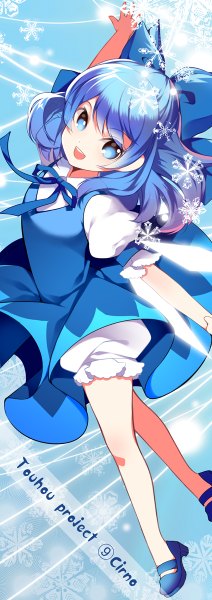 Anime picture 424x1200 with touhou cirno roh nam kyung single long hair tall image looking at viewer blush open mouth blue eyes smile blue hair loli spread arms girl dress bow ribbon (ribbons) hair bow sundress