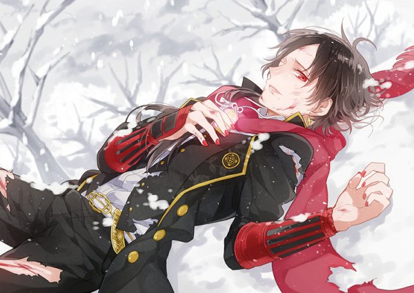 Anime picture 1129x800 with touken ranbu nitroplus kashuu kiyomitsu kurisu takumi single long hair looking at viewer short hair black hair red eyes lying fingernails on back dutch angle torn clothes snowing winter snow bare tree asymmetrical hair