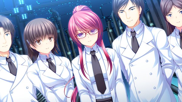 Anime picture 1280x720 with re:birth colony rindou ruri (re:birth colony) asami asami long hair short hair black hair wide image purple eyes multiple girls yellow eyes game cg red hair multiple boys girl boy glasses necktie 3 girls 2 boys labcoat