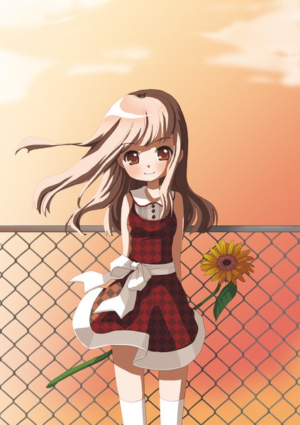Anime picture 1093x1552 with juke single long hair tall image blush smile red eyes brown hair wind sleeveless hands behind back rhombus orange background girl thighhighs dress flower (flowers) white thighhighs sunflower