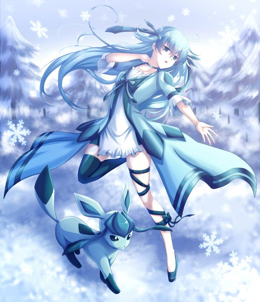 Anime picture 1051x1216 with pokemon nintendo glaceon karo karo long hair tall image looking at viewer open mouth blue eyes blue hair snowing winter snow gen 4 pokemon girl thighhighs dress plant (plants) tree (trees) single thighhigh