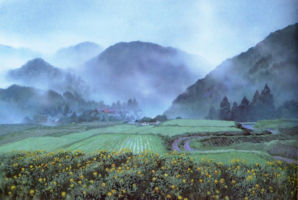 Anime picture 2119x1423 with omohide poro poro studio ghibli kazuo oga highres scan official art mountain no people landscape nature fog flower (flowers) plant (plants) tree (trees) water grass forest house road