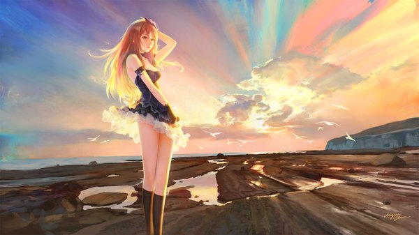 Anime picture 1980x1114 with idolmaster idolmaster cinderella girls shibuya rin wayne chan single long hair highres brown hair wide image brown eyes sky cloud (clouds) girl dress gloves black gloves socks black socks