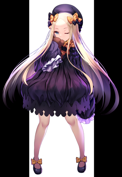 Anime picture 692x1000 with fate (series) fate/grand order abigail williams (fate) gendo0032 single long hair tall image looking at viewer fringe blue eyes simple background blonde hair standing holding full body long sleeves one eye closed loli sleeves past wrists covered mouth