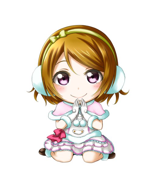 Anime picture 1231x1456 with love live! school idol project sunrise (studio) love live! koizumi hanayo kuena single tall image looking at viewer blush short hair simple background smile brown hair white background purple eyes chibi girl dress gloves white gloves