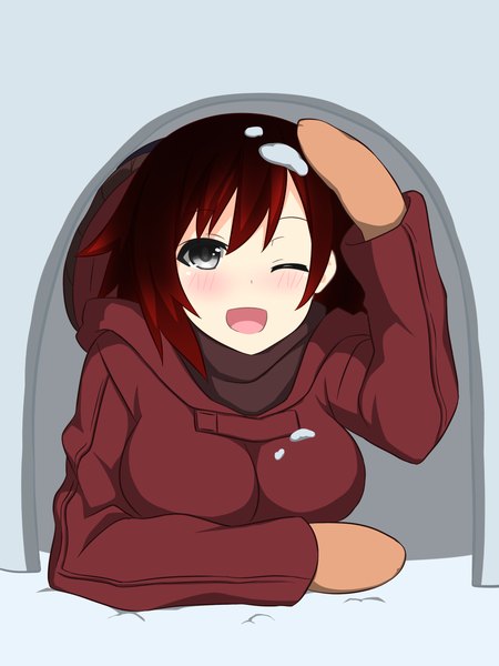 Anime picture 1200x1600 with rwby rooster teeth ruby rose shikniful single tall image looking at viewer blush fringe short hair breasts open mouth smile hair between eyes payot upper body red hair long sleeves :d one eye closed