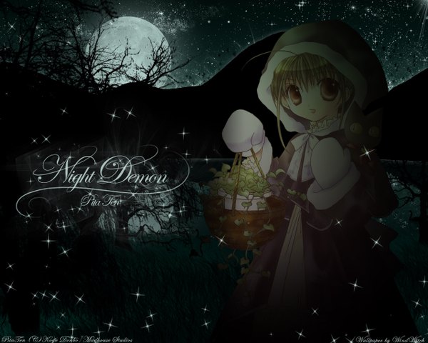Anime picture 1280x1024 with pita ten shia (pita ten) koge donbo windwitch single looking at viewer short hair open mouth brown eyes signed outdoors :d green hair night sparkle night sky third-party edit bare tree girl plant (plants)