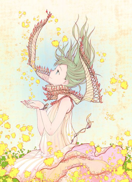 Anime picture 1000x1375 with original kimura daisuke single tall image short hair blue eyes smile bare shoulders profile green hair wind striped girl dress flower (flowers) bracelet