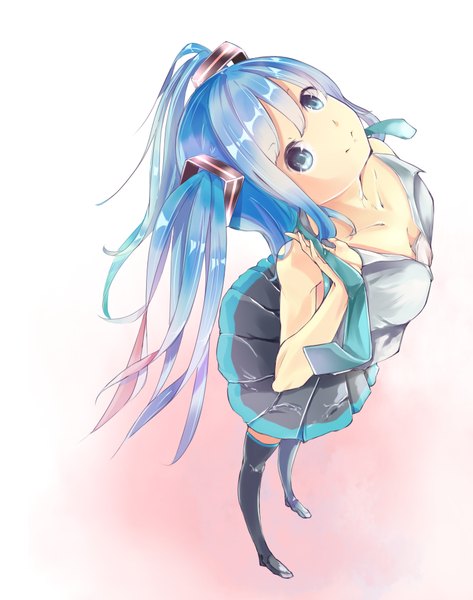 Anime picture 806x1023 with vocaloid hatsune miku mebin single long hair tall image looking at viewer fringe breasts blue eyes simple background smile standing twintails cleavage from above aqua hair open clothes open shirt sleeveless