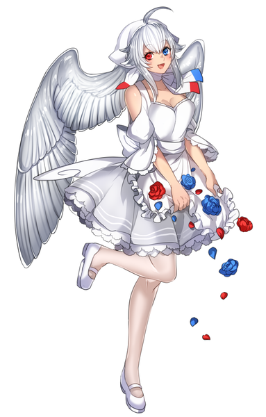 Anime picture 753x1178 with pokemon nintendo togekiss katagiri hachigou single long hair tall image looking at viewer blush open mouth simple background white background white hair heterochromia gen 4 pokemon girl dress flower (flowers) petals wings