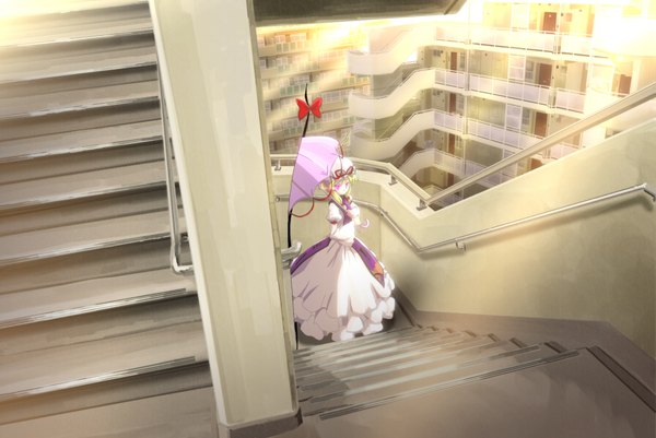Anime picture 2151x1440 with touhou yakumo yukari mukai (artist) single highres blonde hair pink eyes girl dress building (buildings) umbrella stairs