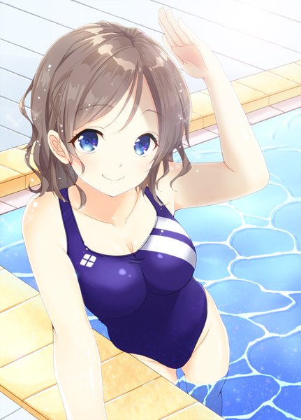 Anime picture 719x1000 with love live! sunshine!! sunrise (studio) love live! watanabe you minamoto single long hair tall image looking at viewer blush breasts blue eyes light erotic smile brown hair arm up from above shaded face girl swimsuit