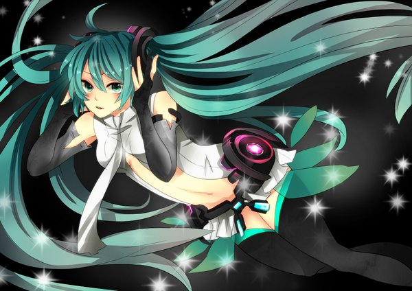 Anime picture 2000x1414 with vocaloid vocaloid append hatsune miku hatsune miku (append) ichinose (sorario) highres twintails green eyes green hair girl detached sleeves
