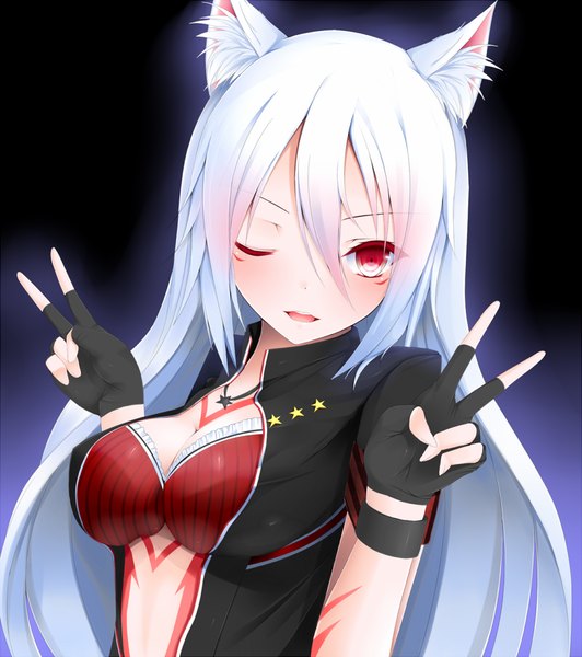 Anime picture 841x948 with phantasy star phantasy star online 2 sega isshiki (ffmania7) single long hair tall image looking at viewer blush fringe breasts open mouth light erotic hair between eyes red eyes animal ears white hair one eye closed wink victory