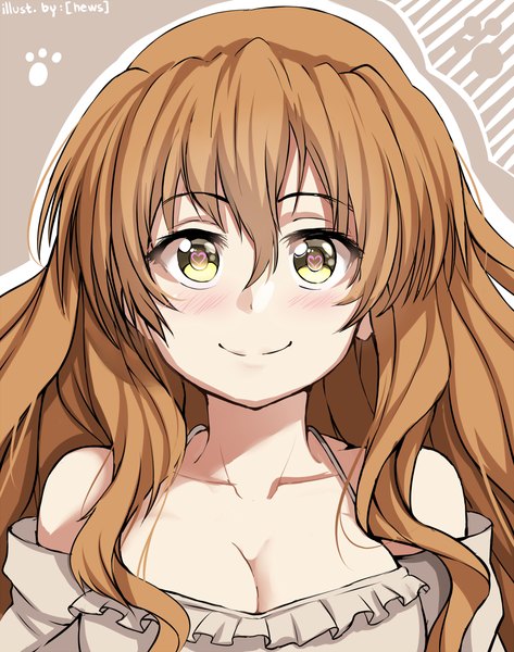 Anime picture 1050x1330 with golden time j.c. staff kaga kouko hews single long hair tall image looking at viewer smile brown hair bare shoulders yellow eyes girl heart