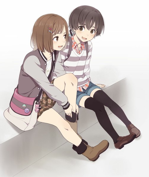 Anime picture 700x834 with original mattaku mousuke tall image fringe short hair open mouth black hair simple background brown hair white background sitting multiple girls brown eyes looking away open jacket open collar girl thighhighs black thighhighs 2 girls