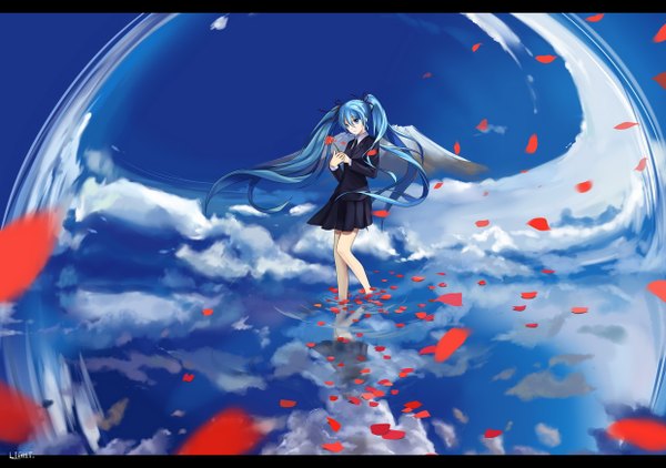 Anime picture 1240x874 with vocaloid saihate (vocaloid) hatsune miku lightofheaven single long hair blue eyes twintails blue hair sky cloud (clouds) reflection angel wings girl skirt flower (flowers) ribbon (ribbons) hair ribbon miniskirt petals