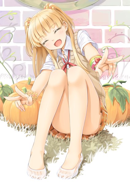 Anime picture 827x1169 with idolmaster idolmaster cinderella girls jougasaki rika miri (ago550421) single long hair tall image blush fringe open mouth light erotic blonde hair smile sitting full body bent knee (knees) eyes closed :d pleated skirt fingernails