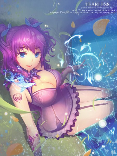 Anime picture 800x1067 with original 10b.p single long hair tall image breasts blue eyes light erotic sitting twintails cleavage purple hair from above text magic girl thighhighs dress gloves ribbon (ribbons)